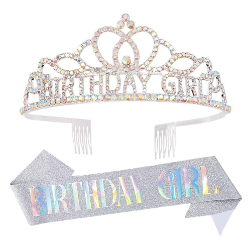 Chanaco Happy Birthday Crown and Sash Kit for Women and Girls - Rhinestone Tiara and Sashes with 'BIRTHDAY GIRL' Sash for Party Favors