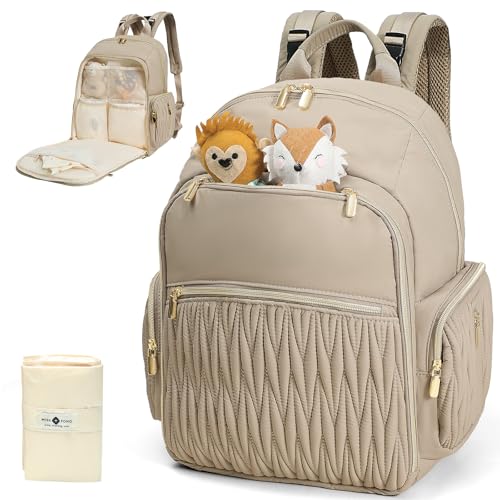 miss fong Diaper Bag Backpack - Baby Diaper Bag with Diaper Changing Pad Quilted Travel Diaper Backpack with 16 Pockets Mommy Bag Large Baby Bag Baby Shower Gifts for Mom & Dad-Khaki