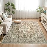 Machine Washable Boho Area Rug, 3x5 Green Vintage Non-Slip Rug, Distressed Floral Indoor Rugs, Soft Wool Rug Aesthetic Print Pattern Carpet for Living Room, Bedroom, Kitchen and Bedside