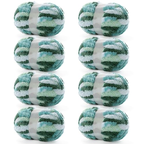 8 Pack Chunky Yarn for Hand Knitting - Chenille Blanket Yarn for Crocheting Blankets - 228 Yds/61.6 Oz Rainbow Ombre Yarns - Super Bulky Soft Thick Mixed Color Jumbo Yarns (8, Mint-Teal-Green)