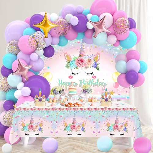 Unicorn Birthday Decorations for Girls,118pcs Unicorn Theme Birthday Party Supplies with Unicorn Balloon Garland Arch Kit Unicorn Backdrop and Tablecloth for Girls Women Birthday Decorations