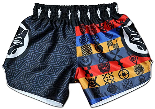 Authentic Muay Thai Boxing Shorts for Men and Women - Kickboxing MMA Martial Arts Fight Trunks for Training and Competition (US, Alpha, Large, Regular, Regular, Black Panther)