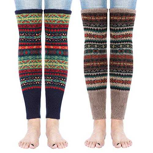 SATINIOR 2 Pairs Leg Warmers for Women Winter Bohemian Leg Warmers Long Knit Boot Cuffs Socks for Women(Khaki, Navy Blue)