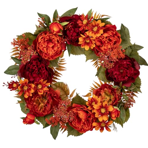 24" Artificial Fall Wreath for Front Door Autumn Flower Wreath with Peony and Zinnias Fall Decorations for Home Halloween Farmhouse Wall Mantel Décor