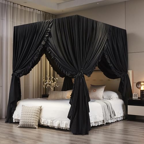 Mengersi Black Canopy Bed Curtains King Size,Royal Breathable Lightweight Private Space-Elegant Bed Curtains Bedroom Decoration Accessories for Adults