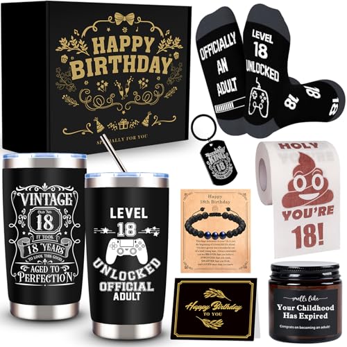 JTAMOHI 8 Pcs Happy 18th Birthday Gifts for Boys, 18 Year Old Boy Birthday Gifts Ideas with 20 Oz Tumbler, Funny Socks, Toilet Paper, Bracelet, Candles, Keychain for Son, Nephew, Grandson, Brother