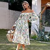 Amegoya Women's Boho Flowy Long Sleeve Floral Midi Dress Square Neck Smocked Tiered Dress(A-Floral S)