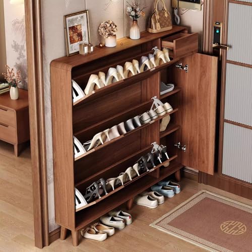 Todery Wood Shoe Cabinet, Shoe Storage Cabinet with 3 Flip Drawers & Side Drawer, Freestanding Shoe Rack, Hidden Handle, Angled Wood Legs, Slim Shoe Organizer for Entryway, Shoe Organizer Cabinet