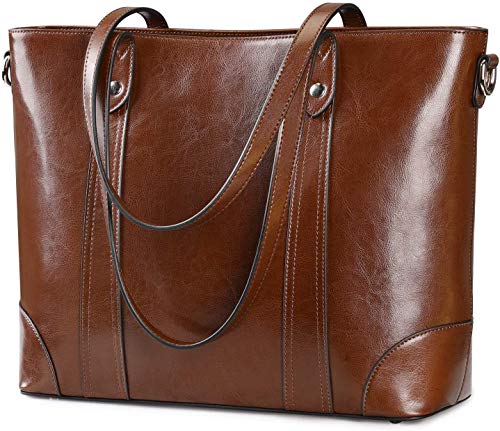 S-ZONE Leather Tote Bag for Women Office Shoulder Handbag 15.6 Inch Work Laptop Briefcase (Dark Brown)