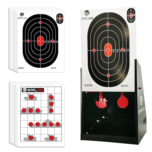 Atflbox 7 x 9 Inch BB Gun Target Trap with 20pcs Paper Targets and Spinning Metal Silhouettes Shooting Targets for Backyard, Outdoor, Indoor, Suitable for Airsoft, Rifle, Pellet Gun