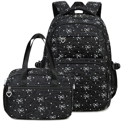 Joyfulife Bow Prints School Backpack for Girls Backpack with Lunch Box Kids Bookbags Preschool Kindergarten Primary Elementary School Bags Teens Travel Back Pack (Black)