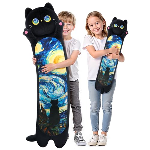 Mewaii Long Cat Plush 5 Sizes, 120% Extra Filling Giant Plushness Kids Body Pillow, Kawaii Cute Black Starry Cat Stuffed Animals Plushies, Big Long Body Pillow Cat Plush Gift for Girls 53”