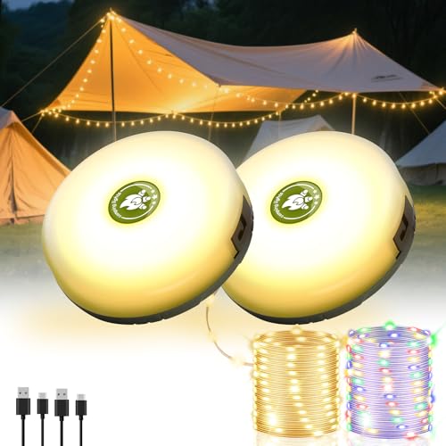 2Pack Camping String Lights, 4-in-1 Quick Storage Camp Light, 8Mode 32.8FT Hanging Tent Lights, Rechargeable Camp Lamp As Camping Essentials Gear, Waterproof LED Lantern for Hiking Travel Patio Party