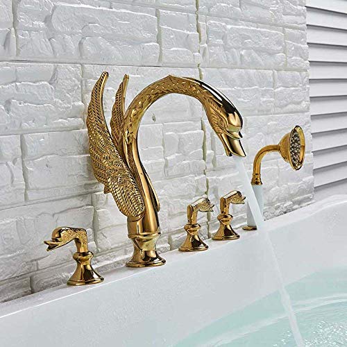 WuDLi Widespread Swan Bathtub Faucet Golden Tub Mixer Tap Deck Mounted 3 Handle Swan Bath Shower Set with Pull Out Handshower Head,Swan Faucet B