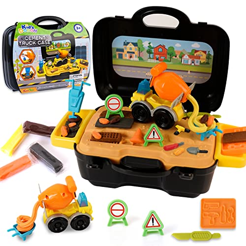 Crelloci Cement Mixer Color Dough Set, Construction Truck Tools Kit, DIY Art & Craft Playset Toys with Portable Case for Kids Boys Ages 3+, with Molds Non-Toxic Modeling Clay 4 Colors