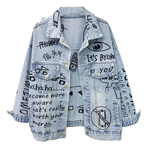 Jeans Jacket Women Streetwear Fashion Graffiti Embroidery Denim Jacket Pocket Lapel Loose Jeans Coat,Blue,One Size