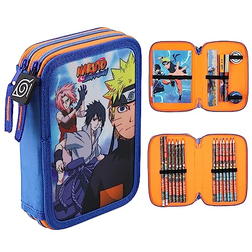 Naruto Pencil Case with Stationery Included School Supplies Filled Large Pencil Case 2 Compartments Colouring Pencils Mini Notebook Boys Stationery Set Anime Gifts for Boys