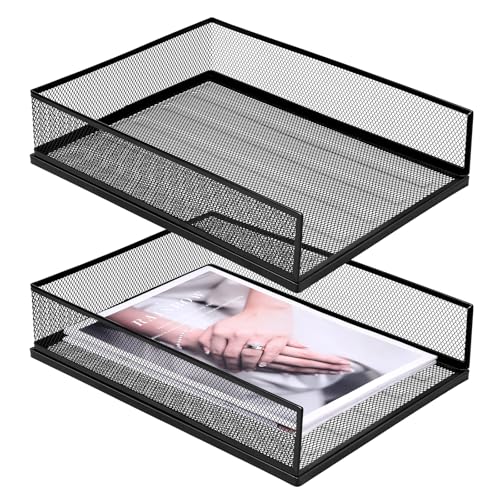 Magazine File Holder, 2 Pack Desk Organizer and Accessories, Metal Paper Tray Organizer for Desk, Office Document Organizer Wire Mesh Letter Trays Stackable Desk File Storage Desk Basket, Black