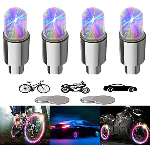 YUERWOVER 4 Pieces LED Bike Wheel Lights Car Tire Valve Stems Caps Bicycle Motorcycle Waterproof Tyre Spoke Flash Lights Cool Reflector Accessories for Kids Men Women(Colorful)