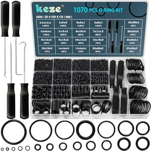 KEZE 1070 Pcs 20 Size O Rings Assortment Kit with Pick and Hook Set for Assorted Automotive Plumbing Pressure Washer Faucet Repair Air or Gas Sealing,Nitrile Rubber Resist Oil and Heat OD:4.5mm-33mm
