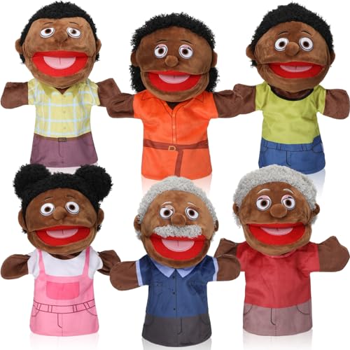 Lenwen 6 Pcs Family Hand Puppet Set 11.8 Inch Family Members Puppets with Movable Mouth Soft Plush Hand Puppet for Boys and Girls Teens Storytelling Play School Teaching Preschool (African American)