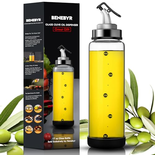 BENEBYR Glass Olive Oil Dispenser Bottle with Leakproof Pourer Spout and Shatterproof Rubber Bottom, Cooking Oil Dispenser Bottle for Kitchen 17 oz Heat Resistant Olive Oil Bottle