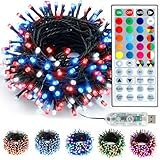Brizled Color Changing Christmas Lights, 33ft 100 LED RGB Light String with Remote, Dimmable Red White Blue Patriotic Lights, USB Indoor Decorative Lighting Party Xmas Tree Wreath Year-Round Holiday