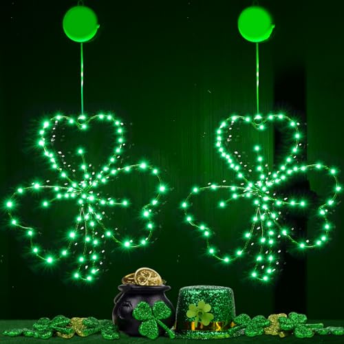 BlcTec St. Patrick's Day Decorations, 2 Pack Lighted Shamrock Window Lights with Suction Cups, Battery Operated Irish Saint Patricks Day Durable Metal Frame Silhouette Lights for Home Window Décor