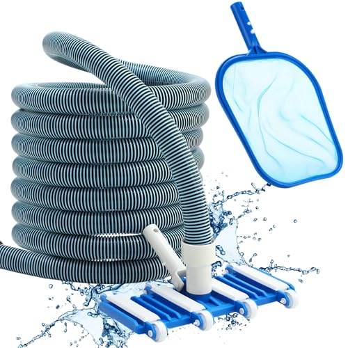 Innconee 3 Pcs Pool Vacuum Cleaning Kit Vacuum Head with Flexible Wheels 1-1/4" x 18ft Hoses and Skimmer Net Maintenance Accessory Tool for Inground Pool Cleaning