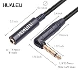 HUALEU 2-Pack 1FT 1/4 Inch Right Angle TS Male to 1/4 Inch TS Female Adapter, 6.35mm 1/4" Mono Connector for Bottom Plug Guitar/V-Shape Guitar/Front Facing Jack Guitar