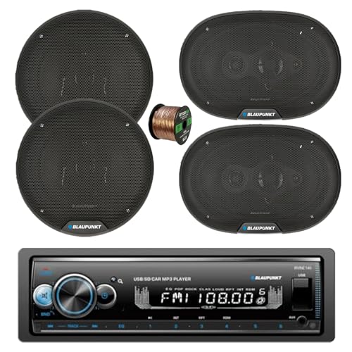 Blaupunkt IRVINE140 Single DIN USB/SD/AUX Bluetooth MP3 Stereo Receiver, 2x 6" 40 Watt Max 3-Way Car Speakers, 2x 6x9" 70 Watt Max 4-Way Car Speakers w/ Wire