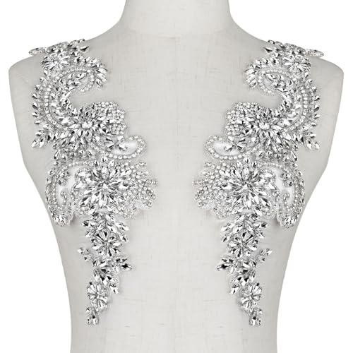 Aphlos Handcrafted Rhinestone Beaded Appliqué Patches 1 Pair, Versatile for Evening Dresses, Bridal Gowns, Dance Costumes, Adds Sparkle to Garments, Easy to Attach Suitable for Sewing & Gluing