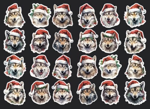 Wolf Stickers. Set of 24 Stickers, Christmas Stickers, Waterproof Sticker, Journal Sticker, Die Cut Stickers, Santa Hat Stickers, Xmas Wolf Stickers, Wolves (Glossy, 3.5)