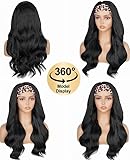 Long Wavy Headband Wigs for Women, Glueless Wear and Go Half Wig, Natural Looking Synthetic Wig with Headband Attached Heat Resistant (NATURAL BLACK, 22 Inch)