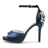 Creativesugar Lady Satin Dress Platform High Heels Wedding Sandals Crystal Back with Free Earrings (Navy blue,9.5)