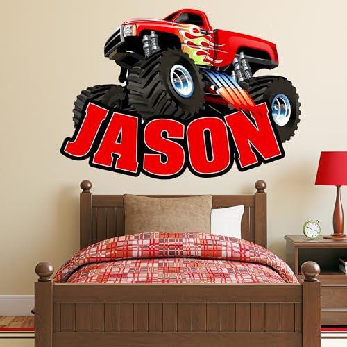 Monster Truck Name Wall Decal Sticker Art with Personalized Custom Name for Boys Rooms-Big Truck Tire Crushing Letters Theme Bedroom Decor, Vinyl Peel and Stick Decorations for Kids, Teens, Grandchild