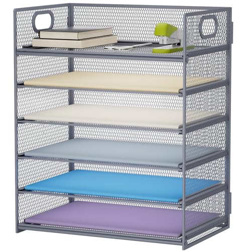 Marbrasse 6 Tier Paper Organizer Letter Tray - Mesh Desk File Organizer with Handle, Paper Sorter for Letter/A4 Office File Folder Holder - Grey