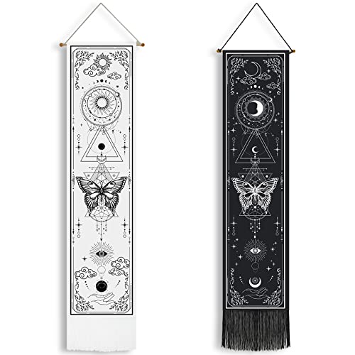 Newwiee 2 Pcs Black and White Vertical Tapestry Sun and Moon Moth Vintage Tapestry Aesthetic Hanging Gothic Witchy for Halloween Living Room and Bedroom Wall Decor,12.8 x 53.1 Inches