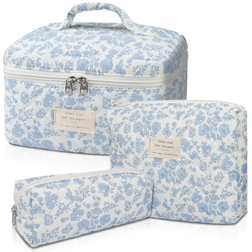 Makeup Bag, Large Quilted Cosmetic Bag, Big Floral Make Up Bag for Women Girls, Cute Cotton Makeup Bag Set, Flower Travel Toiletry Organizer Bag