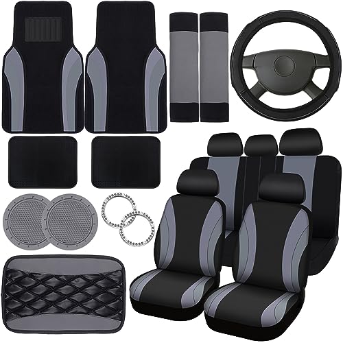 Fabbay 21 Pcs Car Seat Covers Full Set Car Floor Mats Steering Wheel Cover Armrest Seat Belt Pad Seatbelt Cup Mats Emblem Ring Sticker for Sedans Trucks SUV(Black, Gray)