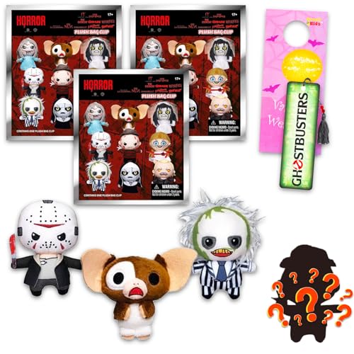 Horror Movie Plush Blind Bags Set - Bundle with 3 Mini Plush Toys Featuring Beetlejuice, Friday The 13th, Annabelle, Gremlins, More Plus Stickers for Teens, Adults | Horror Blind Bags