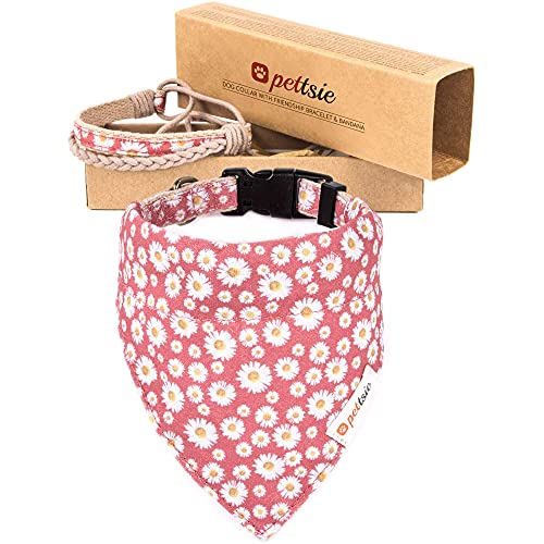 Pettsie Dog Bandana Collar with Matching Friendship Bracelet – Stylish & Adjustable Pet Bandana for Dogs, Durable Hemp, Soft & Comfortable, Secure D-Ring, Designedfor Dog Owners, Medium, Pink
