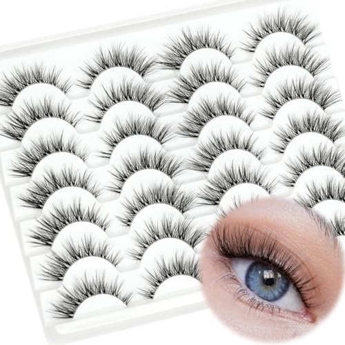 Faux Mink Lashes Fluffy Wispy Natural Look 14mm False Lashes Strip Clear Band 14 Pairs False Eyelashes 3D Full Dramatic Cat Eye Fake Eyelashes by EMEDA(FF4）