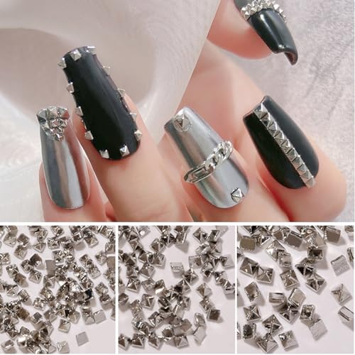 JERCLITY 600pcs Silver Square Spire Nail Charms Alloy Mini Metal Rivet Nail Charms for Acrylic Nails Flat Base Punk Style Square Spire Nail Studs Spike Nail Rivets for Women Nail Art（3 Sizes）