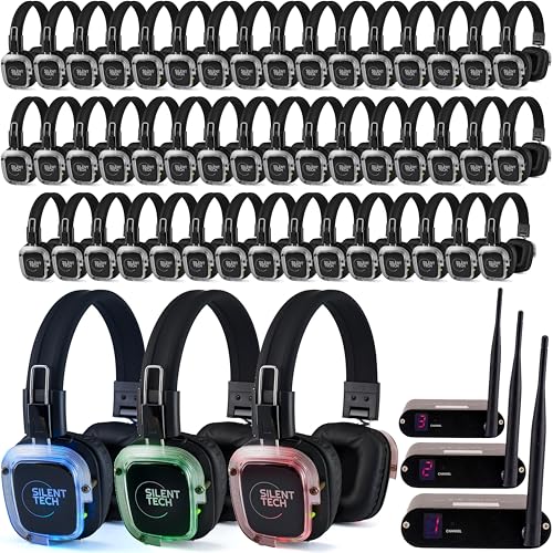 Silent Tech Silent Disco in a Box – 50 LED Wireless Headphones, 3 Channel Transmitters, Plug & Play for Smartphones, Laptops, Tablets, 10 Hour Battery, 500-Yard Range – Silent Disco Headphone System