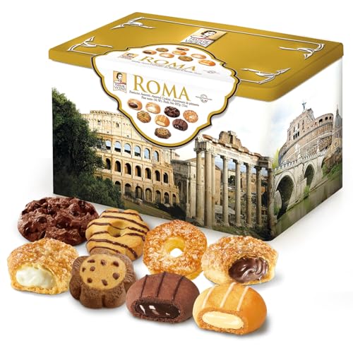 Matilde Vicenzi Roma Cookie Tin - Italian Pastries & Bakery Cookies in Individually Wrapped Trays - Bakery Dessert Gifts - Puff Pastry, Assorted Cookies in Italian Design Gift Tin 32oz (907g)