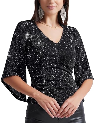 PEIQI Rhinestone Tops for Women Party 3/4 Sleeve V Neck Sparkly Tops Dressy Glitter Top Blouses for Evening Party Balck Large Black