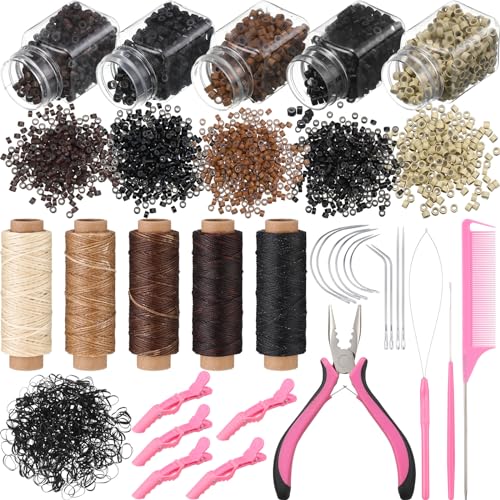 Tigeen 30 Pcs Hair Extension Tools Kit 1 Plier 2500 Silicone Lined Micro Rings 5 Rolls Sewing Thread 10 C/J/I Needle 1 Threader 1 Crochet Hook 1 Comb 200 Rubber Bands and 5 Clips for Hair Styling