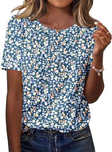 Kistore Short Sleeve Tops for Women Summer Crew Neck Stretchy Classic Fit Pleated Tunic Casual Blouse Floral S