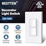 BESTTEN 2 Pack Double Rocker Light Switch, Two Single Pole Electrical Paddle Switch, 15A 120V, Dual in-Wall Decorator Switch, Combination Interrupter, Screwless Wallplate Included, UL Listed, White